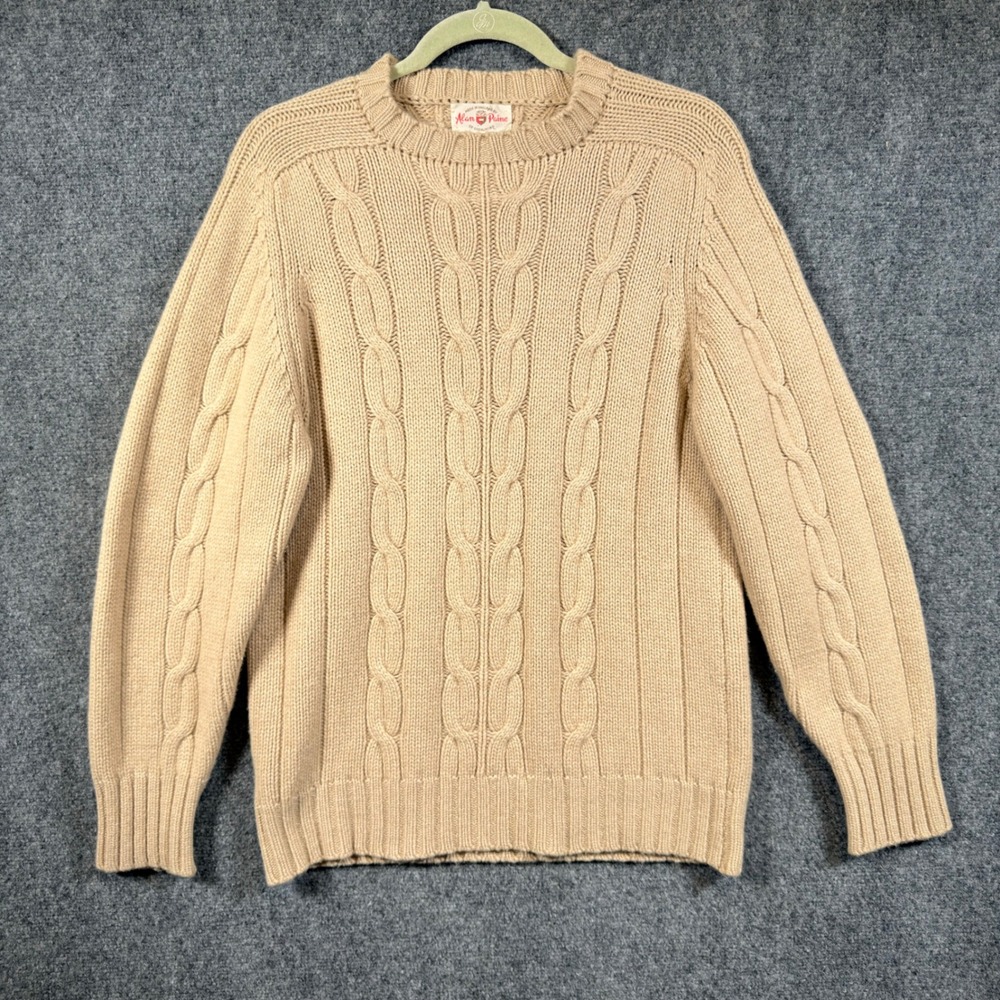 Alan Paine Vintage Cable Knit Cashmere Sweater Mens 42 Tan Beige England